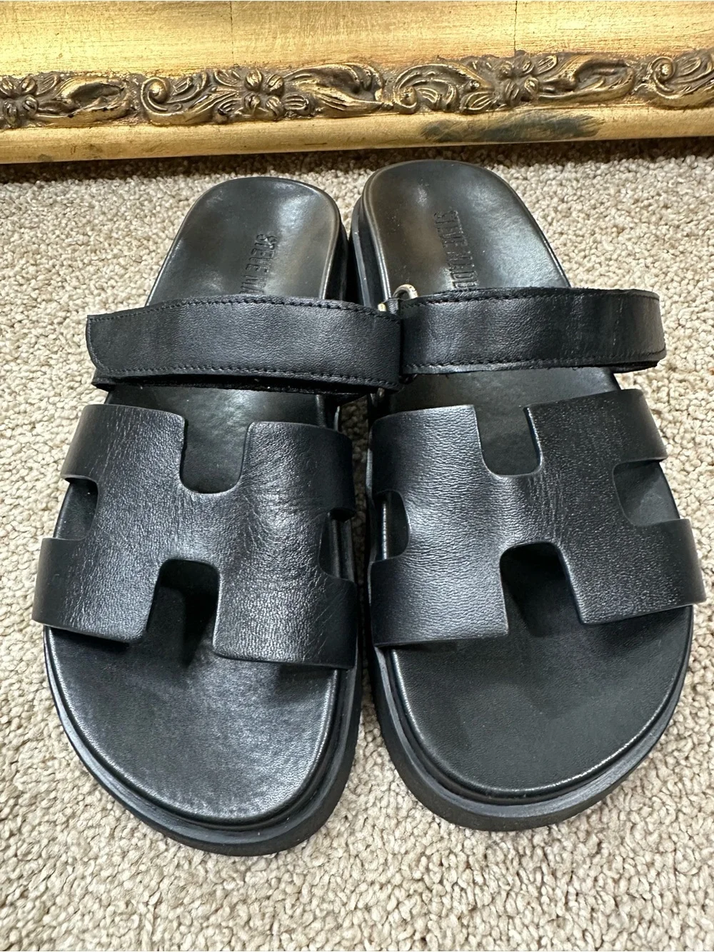 New Steve Madden Mayven Black Leather Flatform Sandals Size 7.5 $89.95